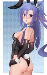 1girl animal_ears argyle_background artist_name ass black_gloves black_leotard blue_bow blue_bowtie blue_hair blush bow bowtie breasts collar elbow_gloves fake_animal_ears fake_tail from_behind full-face_blush gloves hair_between_eyes hands_on_own_hips highres kazanari_tsubasa leotard lips long_hair looking_at_viewer medium_breasts mitamory open_mouth playboy_bunny purple_eyes rabbit_tail senki_zesshou_symphogear sideboob solo tail teeth upper_teeth_only very_long_hair white_collar