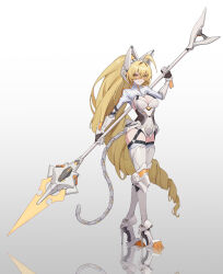1girl absurdres ahoge animal_ears armored_gloves blonde_hair boots cat_ears cat_girl cat_tail clawed_boots drill_hair garter_straps gloves gradient_background green_eyes hair_between_eyes head-mounted_display heterochromia high_heels high_ponytail highres holding holding_polearm holding_weapon leotard long_hair long_sleeves mecha_musume mechanical_ears mechanical_tail original polearm ponytail reflection science_fiction single_drill solo spear stiletto_heels stupid_goose_man tail thigh_boots thighhighs very_long_hair weapon white_gloves white_leotard yellow_eyes