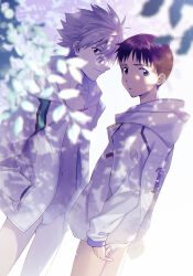 11kkr 2boys blue_eyes brown_hair evangelion:_3.0+1.0_thrice_upon_a_time hand_in_pocket highres ikari_shinji jacket looking_at_viewer male_underwear multiple_boys nagisa_kaworu neon_genesis_evangelion rebuild_of_evangelion red_eyes skinny underwear white_hair white_jacket white_male_underwear