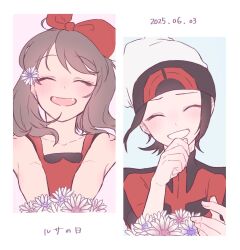 1boy 1girl :d beanie bow brendan_(pokemon) brown_hair closed_eyes collarbone dated facing_viewer fangs flower grin hair_bow hands_up happy hat highres may_(pokemon) nintendo open_mouth pokemon pokemon_adventures red_bow red_shirt shirt sleeveless sleeveless_shirt smile teeth tsukimi_(tkm_516) white_hat