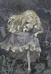 1girl barefoot blonde_hair blood blue_dress bush cross dress graveyard guro highres holding holding_shovel long_hair namoku_(namottttt) original shovel skeletal_arm skeleton skull solo