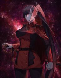 1girl absurdres badge belt belt_buckle black_hair breasts buckle covered_face gloves hair_between_eyes hair_over_one_eye highres huge_breasts insignia jacket long_hair mask military military_jacket military_uniform ponytail scabbard sheath sky space star_(sky) starry_sky sunrider sword tote_tote valentina_(nuclear-il2) weapon white_gloves