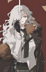 Rule 34 | 1girl, absurdres, arm out of sleeve, bag, black bag, black gloves, brown coat, cigarette, coat, collared shirt, curly hair, fur-trimmed coat, fur trim, gloves, green necktie, hair over one eye, hand up, highres, hl (iamawhitehippo), holding, holding cigarette, long hair, looking at viewer, necktie, one eye covered, purple eyes, red background, reverse:1999, shirt, shoulder bag, smoke, solo, upper body, watermark, weibo watermark, white hair, white shirt, windsong (reverse:1999)