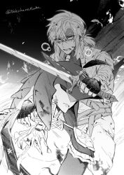 2boys arm_around_shoulder bare_pectorals belt blood blood_on_body blood_on_face clenched_teeth fingerless_gloves fins fish_boy gloves greyscale head_fins highres injury link looking_at_viewer male_focus monochrome multiple_belts multiple_boys nekohanemocha nintendo outstretched_arm parted_bangs pectorals ponytail short_ponytail sidon teeth the_legend_of_zelda the_legend_of_zelda:_breath_of_the_wild tunic twitter_username zora