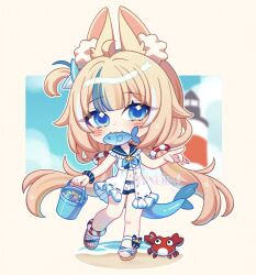 Rule 34 | 1girl, :3, ahoge, animal ear fluff, animal ears, blonde hair, blue eyes, blue hair, brown sandals, bucket, cat ears, chibi, commentary, crab, dress, fins, fish girl, fish tail, holding, holding bucket, hynori, indie virtual youtuber, lighthouse, long hair, looking at viewer, low twintails, mouth hold, multicolored hair, one side up, sameko saba, sandals, short shorts, shorts, sleeveless, sleeveless dress, smile, solo, streaked hair, tail, twintails, very long hair, virtual youtuber, white dress, white shorts