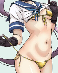 1girl akebono_(kancolle) arthur_ko bikini bikini_under_clothes black_choker black_gloves breasts cameltoe choker clothes_lift cropped gloves gold_bikini head_out_of_frame kantai_collection long_hair navel pleated_skirt purple_hair sailor sailor_collar school_uniform serafuku shirt_lift side-tie_bikini_bottom skirt small_breasts solo standing stomach swimsuit underboob very_long_hair