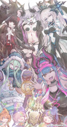 1boy 6+girls absurdres antlers candy crown earrings fate/grand_order fate_(series) flower food fujimaru_ritsuka_(female) fujimaru_ritsuka_(female)_(tonttu) fujimaru_ritsuka_(male) fujimaru_ritsuka_(male)_(tonttu) hair_flower hair_ornament hat highres holding holding_candy holding_food holding_lollipop horns ibuki_douji_(fate) ibuki_douji_(swimsuit_berserker)_(fate) ibuki_douji_(swimsuit_berserker)_(first_ascension)_(fate) jewelry komahime_(fate) lantern lilith_(fate) lilith_(second_ascension)_(fate) lollipop long_hair louhi_(fate) louhi_(second_ascension)_(fate) mash_kyrielight mash_kyrielight_(tonttu) mittens morgan_le_fay_(fate) multiple_girls navel one_eye_closed pobiscqcqp38813 pointy_ears ponytail scarf stomach_tattoo tattoo tiara tongue tongue_out twintails wristband