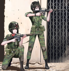 2girls absurdres aiming ammunition_pouch animal_ears army_of_the_republic_of_vietnam assault_rifle belt black_boots black_eyes black_hair boots camouflage camouflage_jacket camouflage_pants cat_ears combat_helmet commentary dirty dirty_clothes english_commentary explosive finger_on_trigger green_belt grenade gun helmet highres holding holding_gun holding_weapon jacket kneeling m16 m1_helmet m26_grenade military military_combat_uniform military_uniform multiple_girls nguyen_tam_lee open_mouth original pants pouch red_scarf rifle scarf short_hair sleeves_rolled_up standing suspenders tet_offensive trigger_discipline urban vietnam_war watch weapon wristwatch