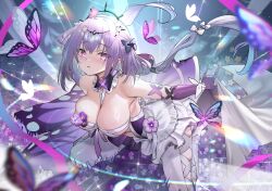 1girl bare_shoulders black_tiara blush bow breasts bug butterfly castorice_(honkai:_star_rail) commentary dress elbow_gloves flower gloves hair_bow hair_flower hair_ornament highres honkai:_star_rail honkai_(series) insect kneeling large_breasts legwear_cutout long_hair pantyhose parted_lips pink_flower pointy_ears purple_bow purple_butterfly purple_eyes purple_gloves purple_hair solo teddypocky tiara very_long_hair white_dress white_pantyhose