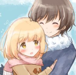 2girls ^_^ asagao_to_kase-san black_gloves blonde_hair blue_background blue_sweater blush brown_coat brown_hair closed_eyes closed_mouth coat commentary_request couple gloves happy hug kase_tomoka long_sleeves medium_hair multiple_girls pink_scarf scarf short_hair sketch smile sweatdrop sweater swept_bangs upper_body white_scarf yakata_mana yamada_yui yellow_eyes yuri