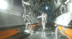 1girl ata-zhubo boots brown_eyes brown_hair cable chinese_commentary closed_mouth commentary_request damaged fluorescent_lamp gloves highres hole_in_wall industrial_pipe logo medium_hair nasa_logo original scenery science_fiction solo space spacecraft spacecraft_interior spacesuit standing star_(sky) three_quarter_view