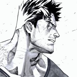 1boy adam&#039;s_apple angry beard_stubble blood_from_forehead blue_eyes bodysuit boku_no_hero_academia clenched_teeth endeavor_(boku_no_hero_academia) facial_hair greyscale highres looking_to_the_side male_focus mature_male monochrome muscular muscular_male mustache_stubble neck profile sanpaku sashimi_oran serious short_hair sideburns sideburns_stubble solo spiked_hair spot_color stubble teeth thick_neck tsurime