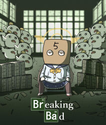 1girl absurdres bag banknote blue_archive breaking_bad cardigan faust_(blue_archive) full_body halo hifumi_(blue_archive) highres light_brown_hair low_twintails mask money omurainu paper_bag parody peroro_(blue_archive) pile_of_money school_uniform sitting stuffed_animal stuffed_bird stuffed_toy twintails white_cardigan winged_halo yellow_halo