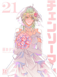 1girl absurdres artist_name blonde_hair bouquet bridal_veil chainsaw_man closed_mouth dress elbow_gloves famine_devil_(chainsaw_man) flower gloves hair_flower hair_ornament highres holding holding_bouquet kwadarth messy_hair pink_flower smile solo sweat veil wedding_dress white_dress white_gloves yellow_eyes