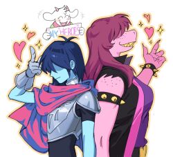 1boy 1girl 1other animal_ears armlet armor black_jacket blue_hair blue_skin bracelet breastplate closed_eyes colored_skin colored_teeth commentary_request deltarune english_text fangs furry furry_female goat_boy goat_ears goat_horns heart highres holding holding_sign horns index_finger_raised jacket jewelry korean_commentary kris_(deltarune) long_hair outline pink_horns purple_hair purple_shirt purple_skin ralsei reptile_girl sharp_teeth shirt short_hair sign sleeveless sleeveless_jacket smile spiked_armlet spiked_bracelet spikes susie_(deltarune) teeth ttudolee white_background yellow_outline yellow_teeth