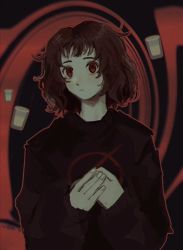 1girl black_sweater brown_hair cup dark_background expressionless highres light_blush long_sleeves looking_at_viewer messy_hair milk milk-chan_(milk_inside_a_bag_of_milk_inside_a_bag_of_milk) milk-chan_(milk_series) milk_inside_a_bag_of_milk_inside_a_bag_of_milk nikita_kryukov ochio own_hands_together pale_skin red_eyes short_hair sleeves_past_wrists solo spiral spiral_background sweater wavy_hair