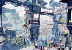 balcony bridge building city cityscape cloud day highres kyuui no_humans original outdoors painting_(medium) plant potted_plant railing scenery sky stairs traditional_media tree watercolor_(medium) window