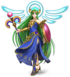 1girl 3d armpits asymmetrical_footwear asymmetrical_legwear bare_shoulders belt blue_thighhighs collarbone dress female_focus green_eyes green_hair high_heels highres jewelry kid_icarus kid_icarus_uprising long_hair mismatched_footwear mismatched_legwear nintendo official_art palutena parted_bangs shield solo staff strapless strapless_dress super_smash_bros. thighhighs tiara very_long_hair
