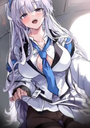 1girl blue_archive blue_necktie blush breasts brown_pantyhose clothes_lift fingernails gluteal_fold headgear highres large_breasts lifting_own_clothes long_hair long_sleeves looking_at_viewer necktie noa_(blue_archive) open_mouth pantyhose purple_eyes saya_(mychristian2) skirt skirt_lift solo teeth white_hair white_skirt