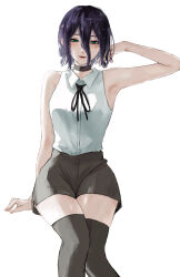1girl arm_support armpits black_choker black_hair black_shorts black_thighhighs chainsaw_man choker green_eyes hair_between_eyes highres invisible_chair reze_(chainsaw_man) shirt short_shorts shorts simple_background sitting sleeveless sleeveless_shirt solo thighhighs ushi_yo white_background white_shirt