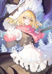 1girl absurdres apron black_skirt black_vest blonde_hair blush bow broom buttons cloud estelle8js flower_ornament grin hat hat_bow hidden_star_in_four_seasons highres holding holding_broom kirisame_marisa light_particles medium_hair mittens pink_mittens pink_scarf purple_sky scarf skirt sky smile snowflake_print snowing solo star_(symbol) touhou tree vest white_apron white_bow winter witch_hat yellow_eyes
