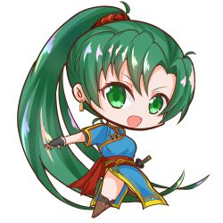 Rule 34 | 1girl, black gloves, blue dress, chibi, dress, fingerless gloves, fire emblem, fire emblem: the blazing blade, gloves, green eyes, green hair, griffonmask11, highres, long hair, lyn (fire emblem), nintendo, ponytail, red sash, sash, side slit, simple background, sword, weapon, white background