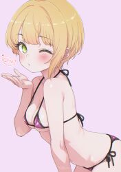 1girl absurdres bikini blonde_hair blowing_kiss blush breasts chromatic_aberration green_eyes highres idolmaster idolmaster_cinderella_girls komodj looking_at_viewer medium_breasts miyamoto_frederica one_eye_closed short_hair side-tie_bikini_bottom simple_background solo swimsuit
