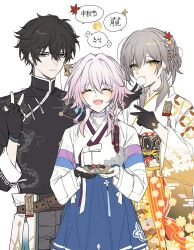1boy 2girls ^_^ alternate_costume black_gloves black_hair braid chinese_clothes choker closed_eyes dan_heng_(honkai:_star_rail) earrings fingerless_gloves floral_print_hanbok gloves green_eyes grey_hair hair_between_eyes hair_intakes hair_ribbon hanbok highres holding holding_plate honkai:_star_rail honkai_(series) jewelry korean_text long_sleeves march_7th_(honkai:_star_rail) multiple_girls pink_choker pink_hair plate ribbon short_hair single_earring smile sp0i0ppp speech_bubble stelle_(honkai:_star_rail) trailblazer_(honkai:_star_rail) v white_background white_hanbok yellow_eyes