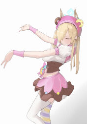 1girl absurdres alternate_costume alternate_hairstyle animal_ear_fluff animal_ears blonde_hair blue_archive blush brown_corset clenched_teeth closed_eyes corset diksiuw dog_ears dog_girl double_gyaru_v double_v gyaru_v hair_over_one_eye hat highres kanna_(blue_archive) long_hair multicolored_thighhighs pink_hat pink_skirt sharp_teeth shirt short_sleeves sidelocks skirt solo striped_clothes striped_thighhighs teeth thighhighs twintails v white_shirt white_thighhighs wrist_cuffs