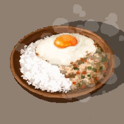 bowl egg_yolk food food_focus fried_egg fried_rice grey_background hisachan55cute no_humans original pixel_art rice scenery shadow simple_background steaming_food tamagokake_gohan wooden_bowl