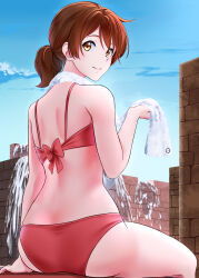 1girl absurdres ass bikini blue_sky brown_eyes brown_hair cloud day hibike!_euphonium highres looking_at_viewer looking_back low_ponytail myjiq oumae_kumiko outdoors ponytail red_bikini short_hair sitting sky solo swimsuit towel towel_around_neck water