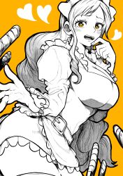 1girl absurdres baby_5 belt breasts cleavage commentary_request dress frilled_dress frills greyscale_with_colored_background heart highres large_breasts long_hair maid_headdress monochrome one_piece solo teardrop thighhighs yellow_background yellow_eyes yotsumi_shiro