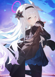 absurdres animal ayu_(user_xkhp7843) black_flower black_hairband black_jacket black_pantyhose black_sailor_collar black_shirt blue_archive blue_skirt blush cat closed_mouth commentary flower from_behind grey_eyes hair_flower hair_ornament hair_over_one_eye hair_ribbon hairband highres holding holding_animal hug jacket long_hair looking_at_viewer pantyhose plana_(blue_archive) ribbon sailor_collar shirt sidelocks skirt smile standing standing_on_one_leg symbol-only_commentary white_hair white_ribbon