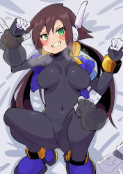 1girl absurdres aile_(mega_man_zx) black_bodysuit blue_jacket blush bodysuit bodysuit_under_clothes breasts breath brown_hair buzzlyears clenched_teeth cowboy_shot cropped_jacket disembodied_hand highres holding_another&#039;s_wrist jacket long_hair lying medium_breasts mega_man_(series) mega_man_zx mega_man_zx_advent on_back on_bed open_clothes open_jacket pov robot_ears shorts solo_focus teeth unworn_shorts