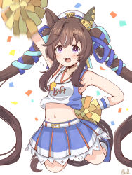 Rule 34 | animal ears, arm up, blue skirt, blue tank top, bright pupils, brown hair, cheerleader, chestnut mouth, commentary request, ear covers, hair between eyes, hat, highres, holding, holding pom poms, horse ears, horse girl, horse tail, jumping, long hair, long sidelocks, midriff, navel, pleated skirt, pom pom (cheerleading), pom poms, purple eyes, rakugakiraid, sidelocks, single ear cover, skirt, sweat, tail, tank top, twintails, two-tone tank top, umamusume, v-shaped eyebrows, very sweaty, vivlos (umamusume), white hat, white pupils, white tank top, wrapped hair
