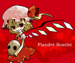 1girl bad_id bad_pixiv_id blonde_hair character_name female_focus flandre_scarlet hat ica mob_cap red_background red_eyes short_hair skull solo standing touhou vampire wings
