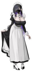 1girl absurdres apron between_breasts black_choker black_dress black_hair black_mask black_nails black_shoes breasts choker collar colored_inner_hair commentary covered_mouth detached_collar dress earrings fingernails frilled_apron frills full_body grey_eyes hair_over_one_eye heart heart_collar heart_earrings high_heels highres huge_breasts jewelry long_hair long_sleeves looking_at_viewer maid maid_headdress mask mole mole_under_eye mouth_mask multicolored_hair nail_polish original purple_hair shoes simple_background skirt_hold solo soya_(torga) strap_between_breasts two-tone_hair underbust white_apron white_background white_collar white_wrist_cuffs wrist_cuffs