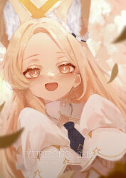 1girl absurdres animal_ear_fluff animal_ears blonde_hair blue_archive blue_necktie blush dress extra_ears flower forehead fox_ears fox_girl hair_flower hair_ornament highres long_hair looking_at_viewer necktie nningss open_mouth pink_eyes seia_(blue_archive) sidelocks sleeves_past_fingers sleeves_past_wrists solo upper_body white_dress white_flower