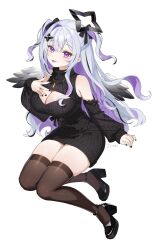 1girl amane_konata bare_shoulders black_halo black_sleeves black_sweater black_thighhighs breasts cleavage detached_sleeves grey_hair halo highres hololive large_breasts long_hair mattosan purple_eyes purple_hair simple_background solo star_halo sweater thighhighs virtual_youtuber white_background