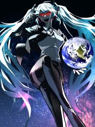 1girl absurdres alternate_costume black_gloves black_jacket black_necktie black_pants blue_hair breasts collared_shirt cowboy_shot crossed_legs earth_(planet) floating gloves glowing hatsune_miku headphones headset heartbreak_juan highres holding holding_microphone jacket kamina_shades long_hair looking_at_viewer microphone multicolored_hair necktie open_mouth pants parted_lips pink_hair pitbull_(singer) planet pointing pointing_up real_life shirt sitting sky smile solo space star_(sky) star_(symbol) starry_background starry_hair starry_sky tengen_toppa_gurren_lagann thighhighs thighs twintails very_long_hair vocaloid worldwide_miku