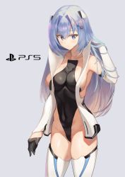 1girl absurdres bare_shoulders black_gloves black_leotard black_thighhighs blue_eyes boots breasts closed_mouth collarbone commentary copyright_name covered_navel expressionless game_console gloves grey_background groin hair_between_eyes hair_intakes hair_ornament half_gloves hand_in_own_hair hand_up headgear highleg highleg_leotard highres leotard long_hair looking_at_viewer medium_breasts personification playstation_5 product_girl ps5_chan shiny_skin shoulder_tattoo sideboob silver_hair simple_background solo sony standing tattoo thigh_boots thighhighs white_boots x_hair_ornament ym_(pixiv2132273)