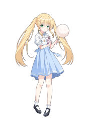 1girl :o black_shoes blonde_hair blue_bow blue_bowtie blue_skirt blush bow bowtie commentary_request cotton_candy food full_body green_eyes hair_between_eyes hair_intakes hair_ornament hands_up high-waist_skirt highres holding holding_cotton_candy holding_food holding_stuffed_toy kk0220 long_hair looking_at_viewer mary_janes open_mouth puffy_short_sleeves puffy_sleeves shirt shoes short_sleeves sidelocks simple_background skirt socks solo standing straight_hair stuffed_animal stuffed_cow stuffed_duck stuffed_toy summer_pockets tsumugi_wenders twintails very_long_hair white_background white_shirt white_socks x_hair_ornament