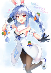 1girl :d animal_ear_fluff animal_ears black_gloves black_leotard blue_hair blush bow braid breasts brown_pantyhose carrot_hair_ornament commentary_request detached_sleeves don-chan_(usada_pekora) dress female_focus food-themed_hair_ornament fur-trimmed_dress fur-trimmed_gloves fur_trim gloves hair_between_eyes hair_bow hair_intakes hair_ornament hand_up highres hololive kaie leotard long_hair looking_at_viewer multicolored_hair open_mouth pantyhose puffy_short_sleeves puffy_sleeves rabbit_ears red_eyes shoes short_eyebrows short_sleeves small_breasts smile solo standing standing_on_one_leg strapless strapless_dress strapless_leotard teeth thick_eyebrows translated twin_braids twintails two-tone_hair upper_teeth_only usada_pekora usada_pekora_(1st_costume) v v_over_eye very_long_hair virtual_youtuber white_bow white_dress white_hair white_shoes white_sleeves |_|