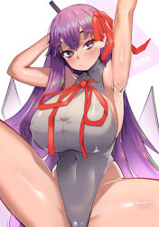 1girl animahakim arm_behind_head arm_up armpits bare_shoulders bb_(fate) bb_(swimsuit_mooncancer)_(fate) bb_(swimsuit_mooncancer)_(third_ascension)_(fate) blush breasts covered_navel fate/grand_order fate_(series) hair_ribbon highleg highleg_leotard large_breasts leotard long_hair looking_at_viewer neck_ribbon purple_eyes purple_hair red_ribbon ribbon solo spread_legs thighs very_long_hair white_leotard