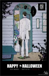 1girl 2016 2boys arm_warmers bag branch dated door english_text family flower formal_clothes happy_halloween highres jack-o&#039;-lantern jojo_no_kimyou_na_bouken kawajiri_hayato kawajiri_kosaku kawajiri_shinobu kira_yoshikage mailbox manoko mask multiple_boys nature outdoors plant signature spiked_hair suit translated vest yin_yang