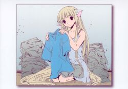 00s 1girl blonde_hair chii chobits clamp full_body laundry long_hair looking_at_viewer official_art postcard_(medium) shirt sitting solo t-shirt very_long_hair