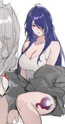 1girl 41097772s acheron_(honkai:_star_rail) alternate_costume breasts camisole cleavage hair_over_one_eye honkai:_star_rail honkai_(series) leg_tattoo long_hair purple_hair sketch solo tattoo white_background white_camisole