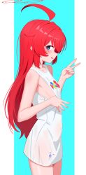 Rule 34 | 1girl, :q, absurdres, blue archive, blue background, blue eyes, blush, breasts, closed mouth, covered navel, cowboy shot, from side, halo, hand up, highres, long hair, looking at viewer, looking to the side, maki (blue archive), maki (pajamas) (blue archive), red hair, red halo, shirt, sleeveless, sleeveless shirt, small breasts, smile, solo, tongue, tongue out, two-tone background, v, white background, white shirt, whoning1