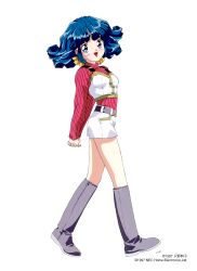 1990s_(style) 1girl aqua_hair arms_behind_back blue_eyes blush boots company_name copyright_notice full_body grey_boots highres knee_boots long_sleeves looking_at_viewer medium_hair non-web_source official_art open_mouth retro_artstyle rolfee simple_background solo standing striped_clothes striped_sweater sweater tadano_kazuko tonari_no_princess_rolfee white_background