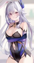 Rule 34 | 1girl, adapted costume, animal ears, arms under breasts, black leotard, breasts, chuuna (unagiunazy), clothing cutout, commentary request, cowboy shot, crossed arms, fake animal ears, genshin impact, highres, large breasts, leotard, long hair, looking at viewer, multicolored leotard, navel cutout, parted lips, pink eyes, playboy bunny, purple leotard, rabbit ears, skirk (genshin impact), solo, two-tone leotard, white hair